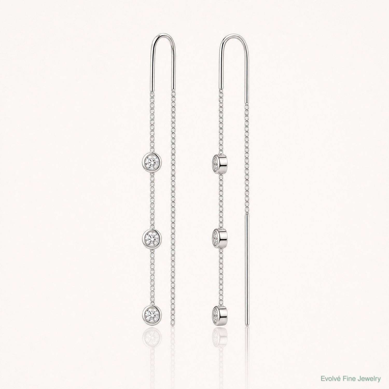 Sterling Silver Polished 3 Bezel Set CZs Threader Earrings - Lifestyle View