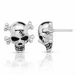 Sterling Silver Rhod-plated Antiqued Enameled Skull Post Earrings - Lifestyle View