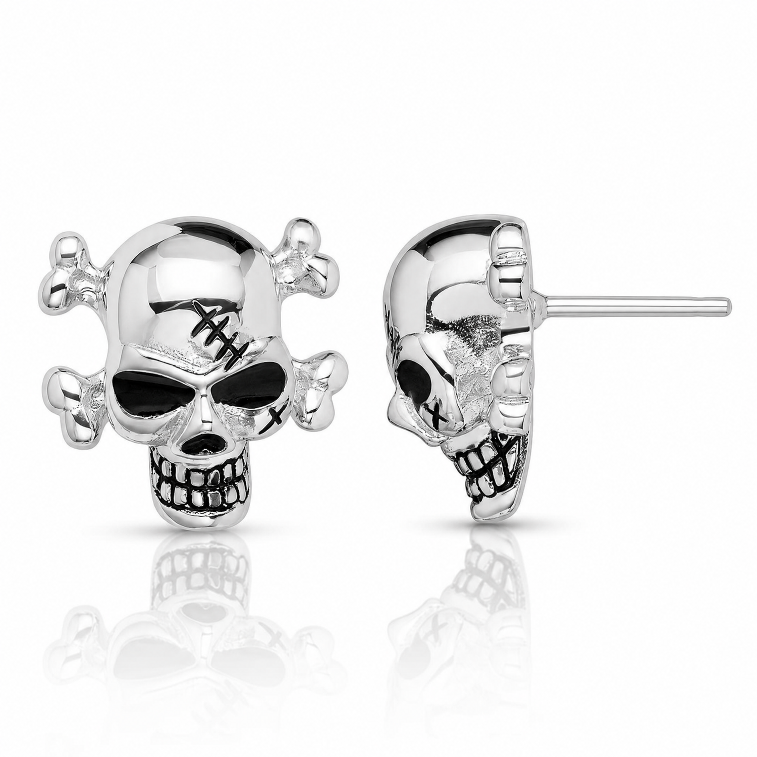 Sterling Silver Rhod-plated Antiqued Enameled Skull Post Earrings - Lifestyle View
