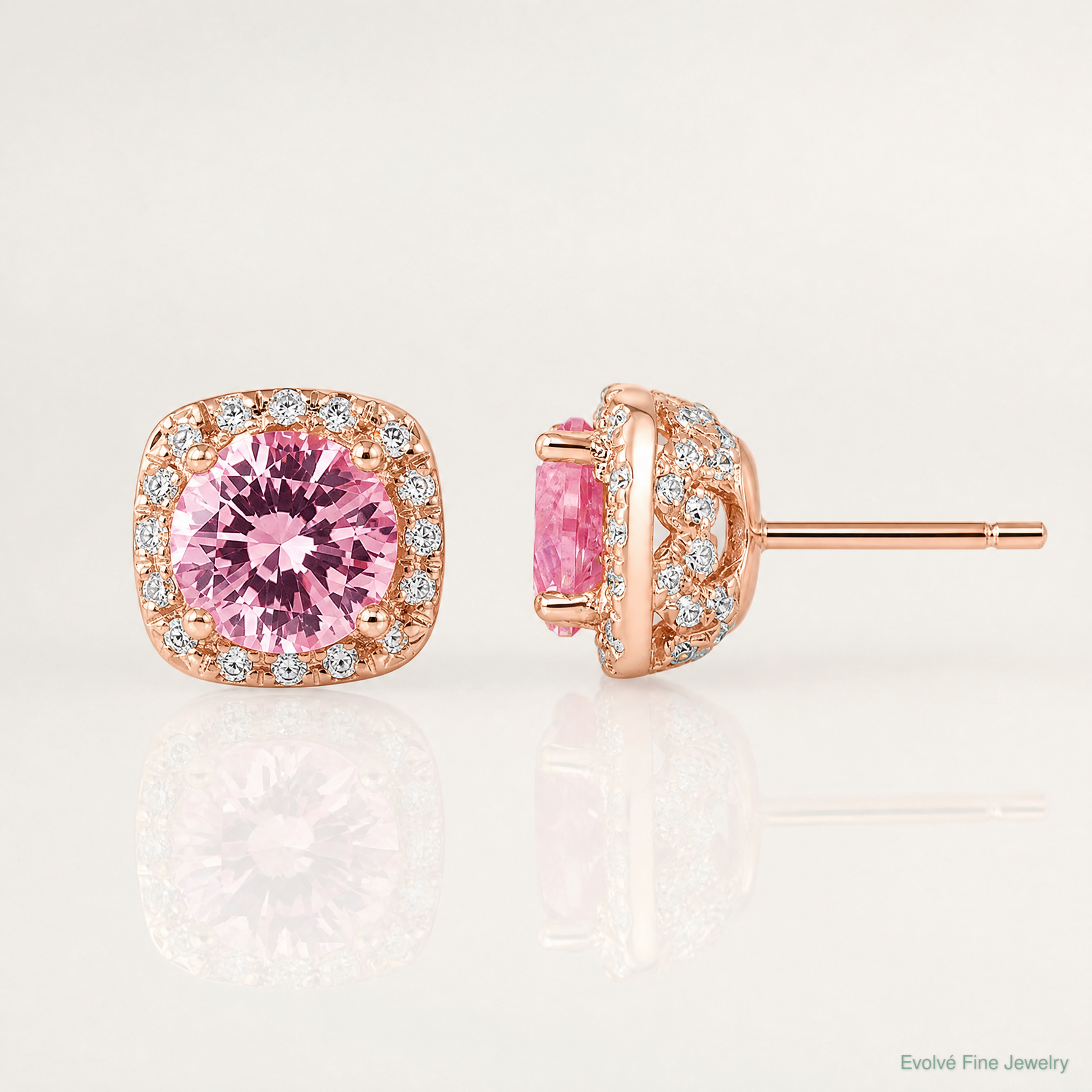 Sterling Silver Rose-tone Square Pink Crystal Center and CZ Post Earrings - Lifestyle View