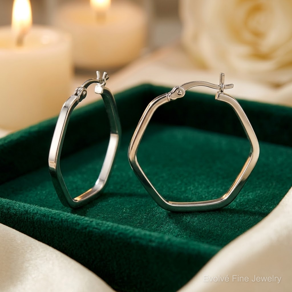 Sterling Silver Polished Square Tube Hexagon Hoop Earrings - Lifestyle View