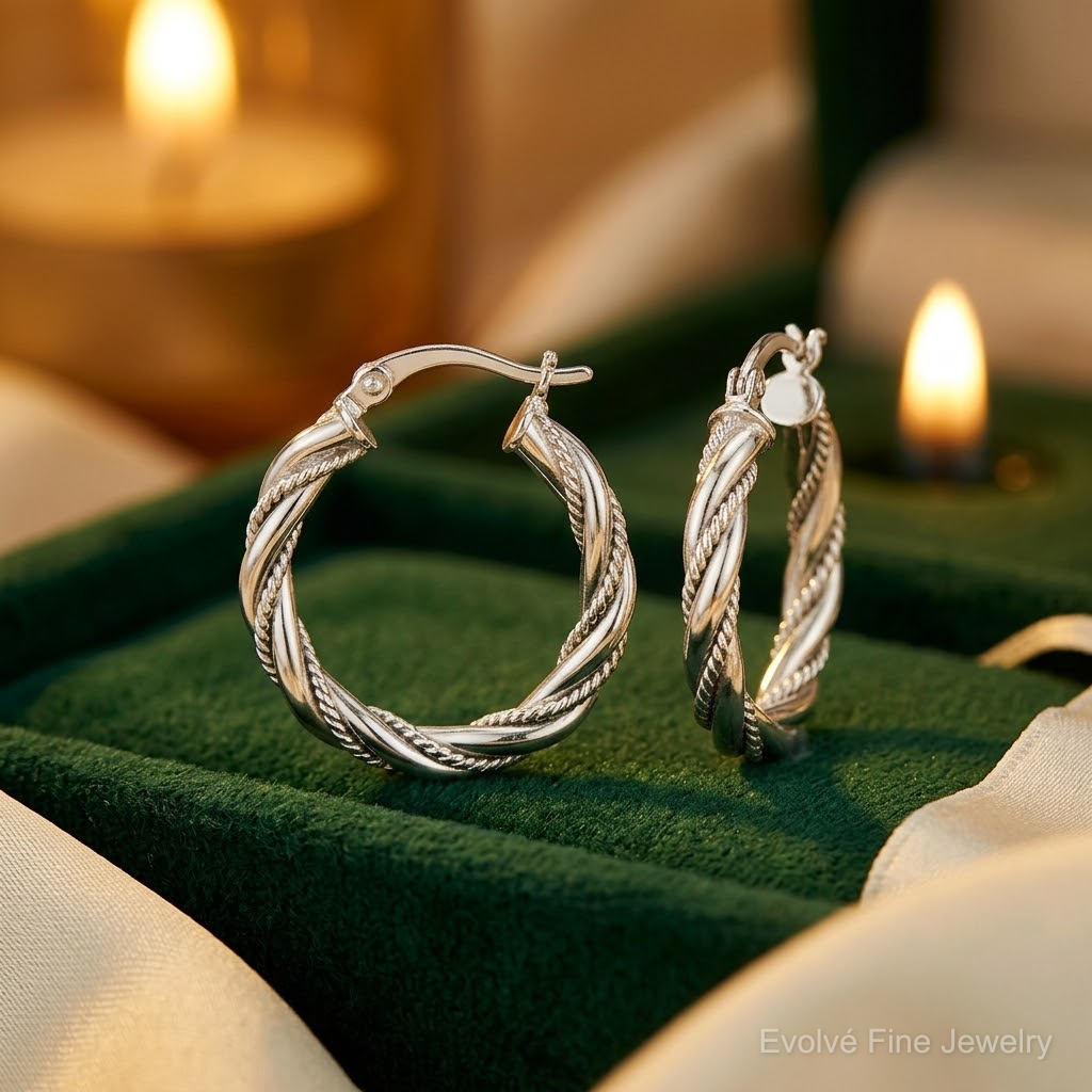 Sterling Silver Twisted Textured 3x20mm Hoop Earrings - Lifestyle View