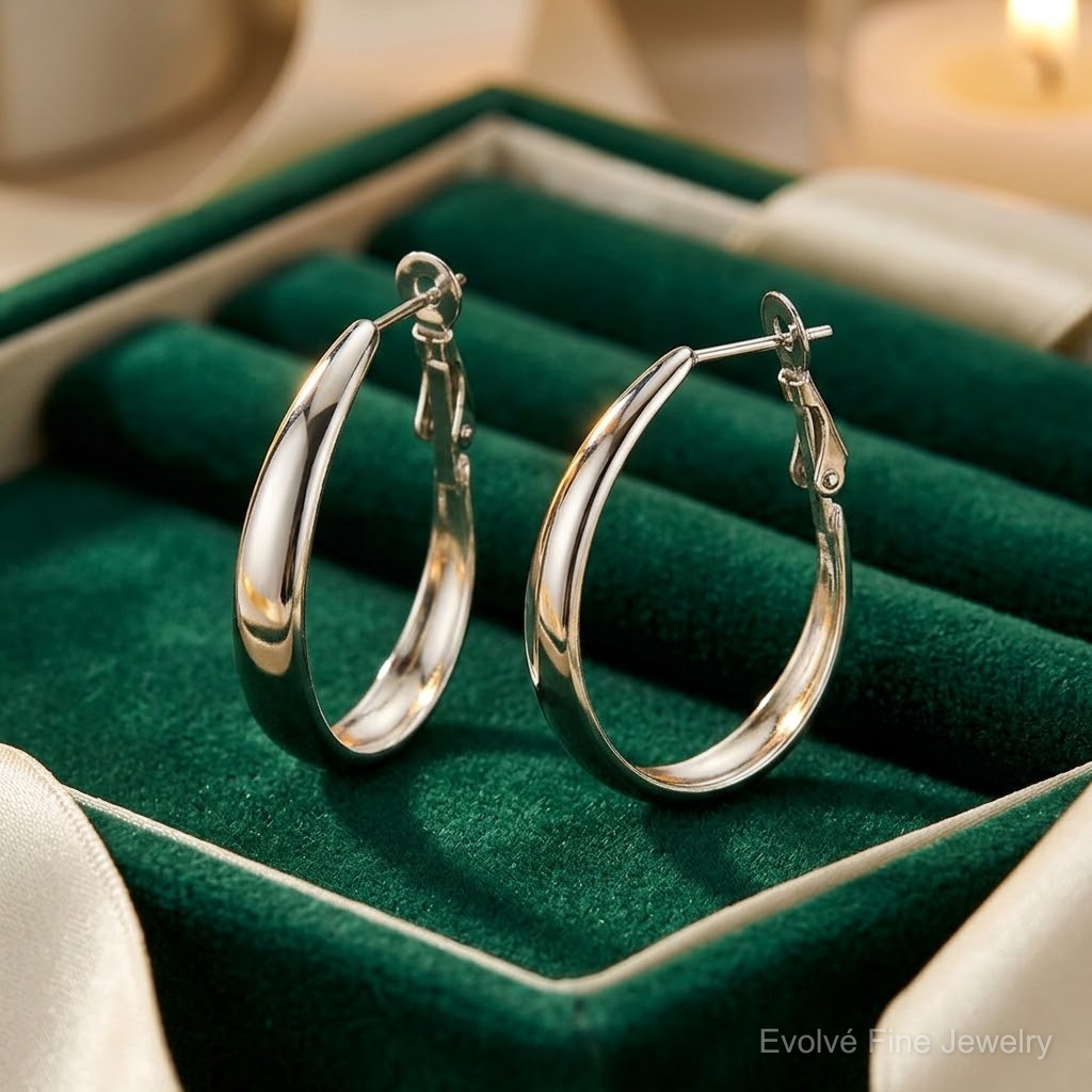 Sterling Silver Polished Omega Back Hoop Earrings - Lifestyle View