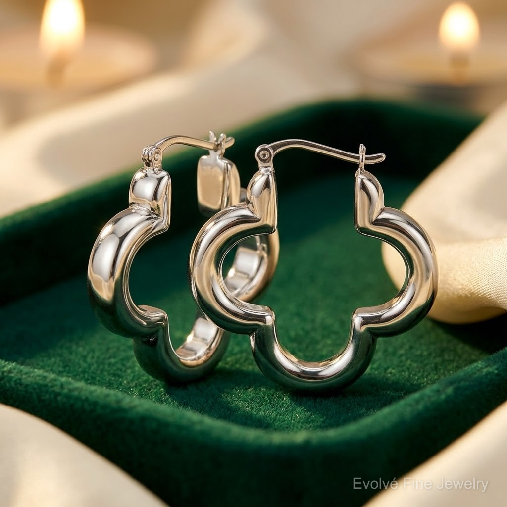 Sterling Silver Polished Clover Hoop Earrings - Lifestyle View