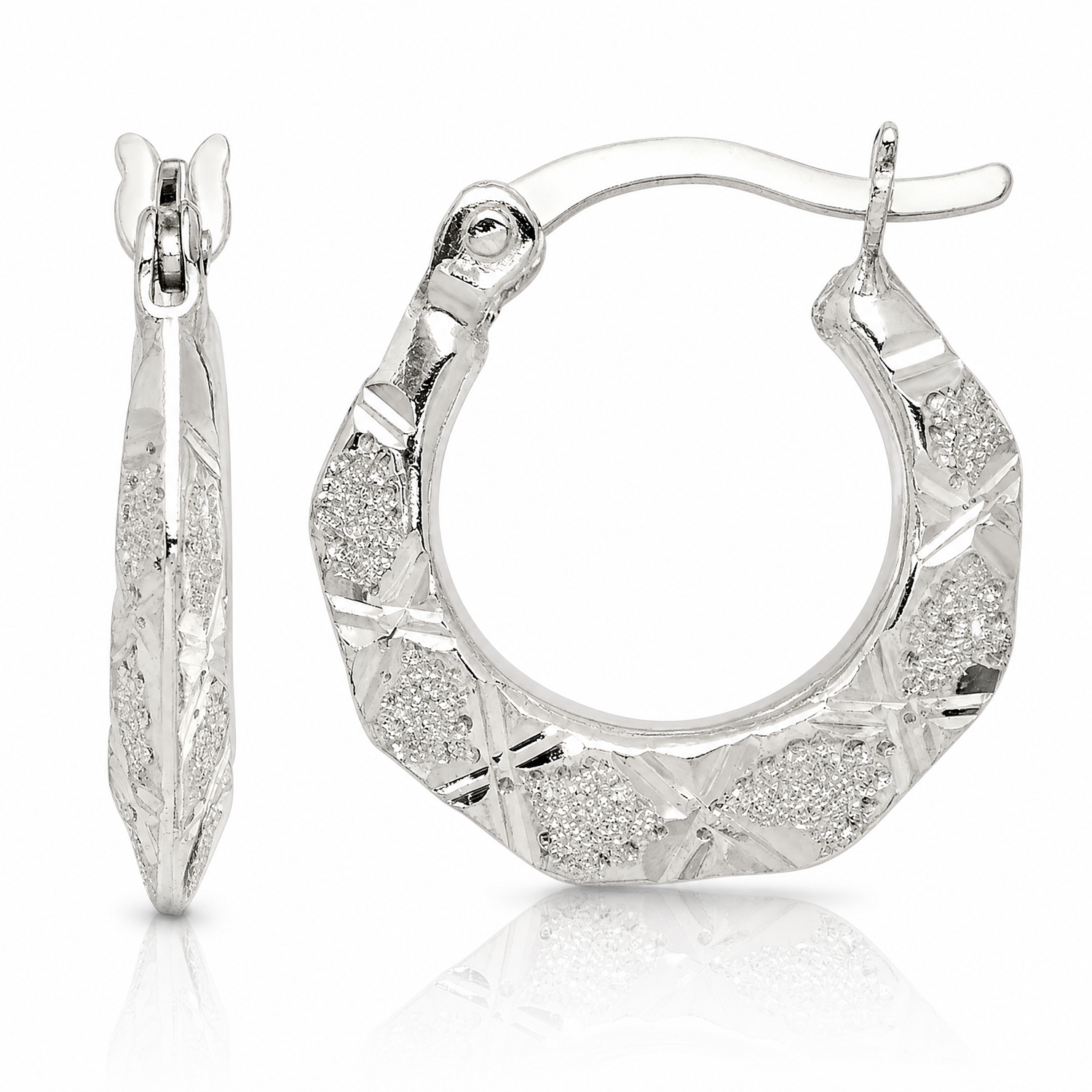 Sterling Silver Diamond Cut & Textured Hoop Earrings - Lifestyle View