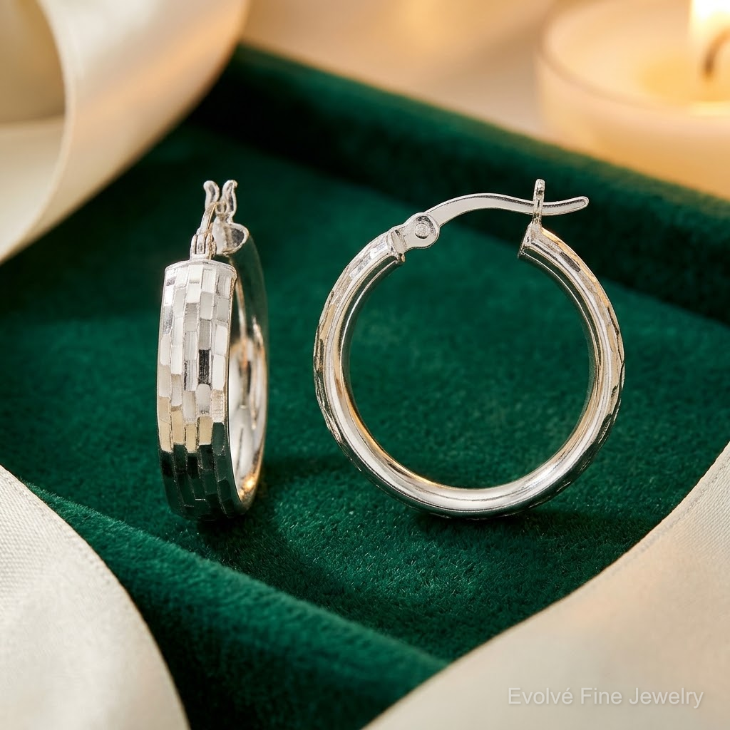 Sterling Silver Polished & Textured 5mm Round Hoop Earrings - Lifestyle View