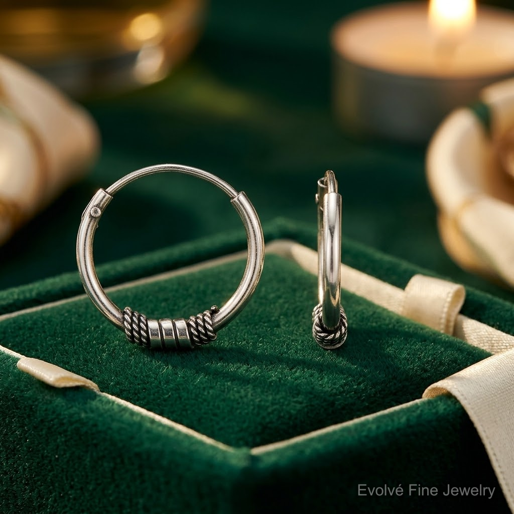 Sterling Silver Antiqued Beaded Endless Hoop Earrings - Lifestyle View