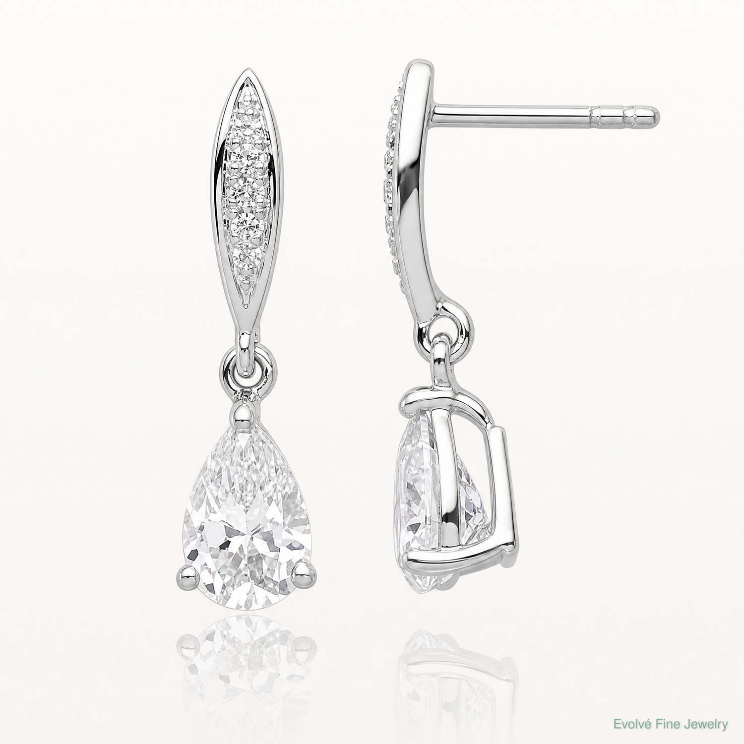 Sterling Silver Rhodium-plated Polished Pear CZ Post Dangle Earrings - Lifestyle View