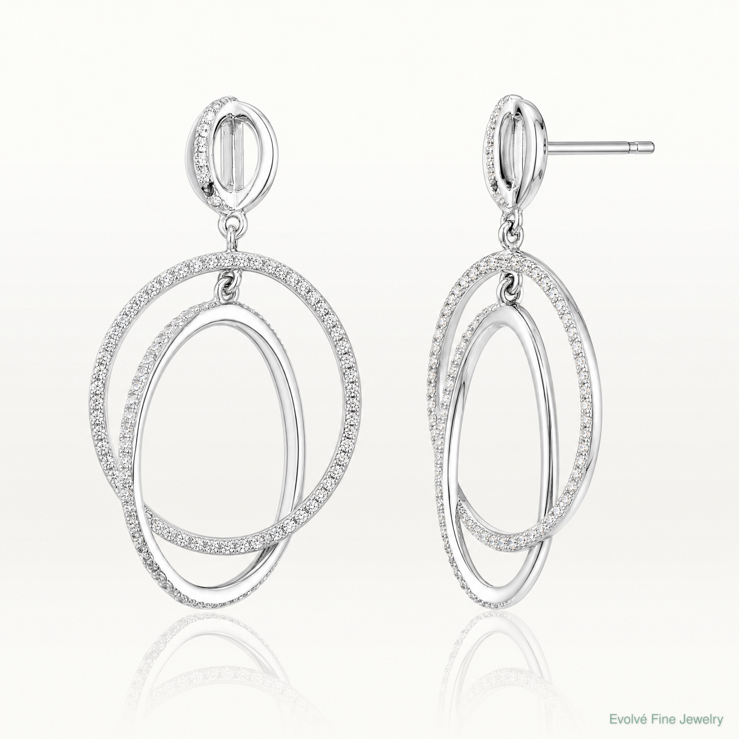 Sterling Silver Rhodium-plated CZ Circles Dangle Post Earrings - Lifestyle View