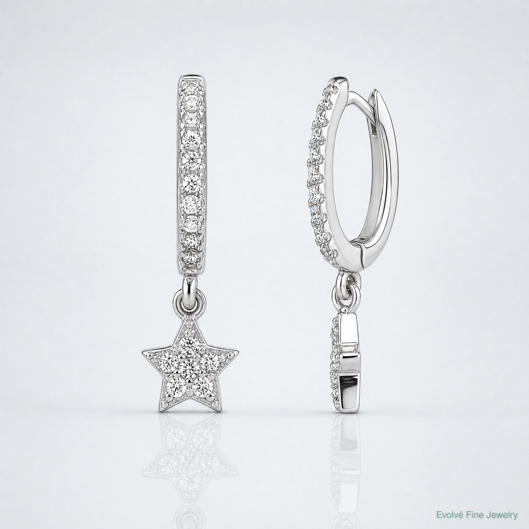 Sterling Silver Rhodium-Plated CZ Hoops with Star Dangle Earrings - Lifestyle View