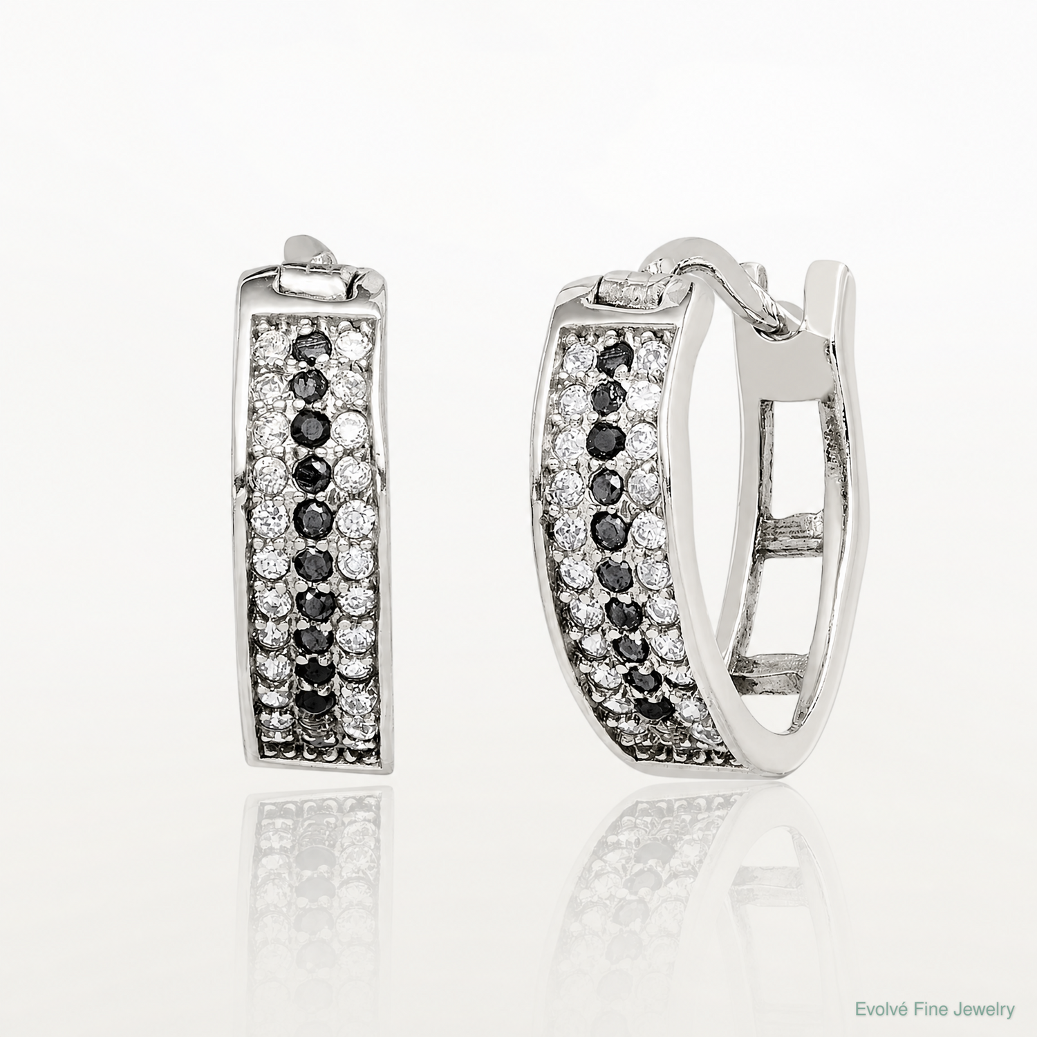 Sterling Silver RH-pltd Polished Black/White CZ 4mm Round Hoop Earrings - Lifestyle View