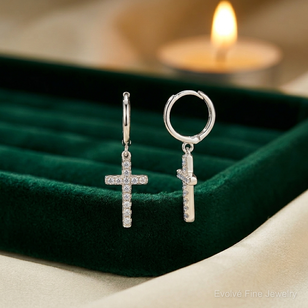 Sterling Silver Rhodium-plated CZ Cross Dangle Round Hoop Earrings - Lifestyle View