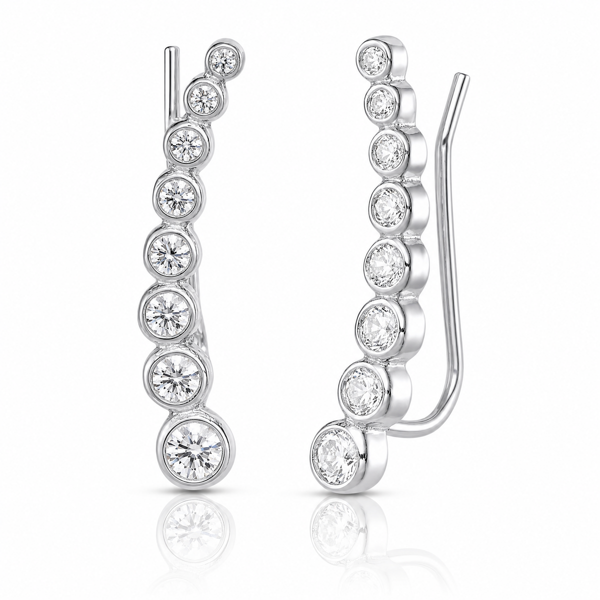 Sterling Silver Rhodium-plated Polished Graduated CZ Ear Climber Earrings - Lifestyle View