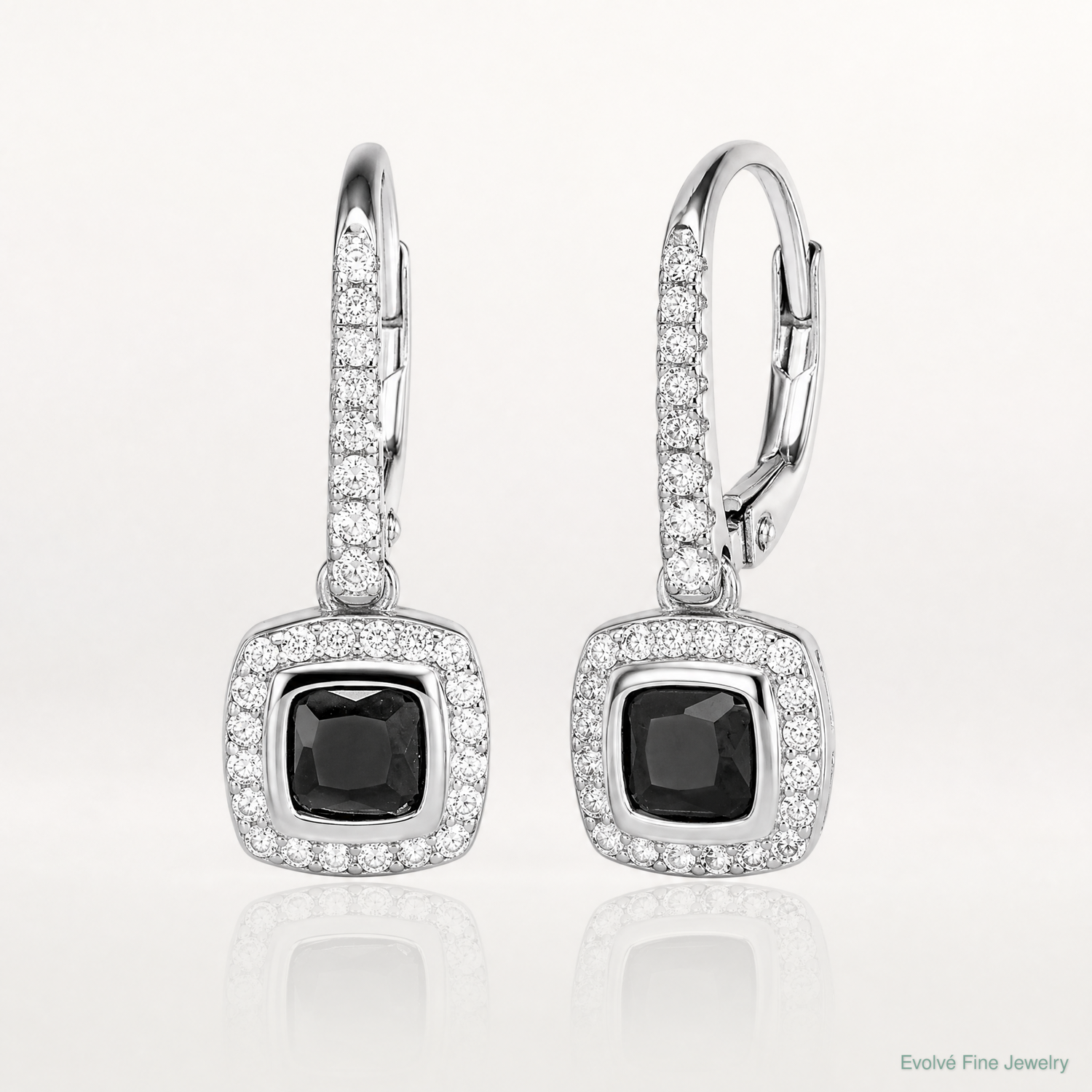 Sterling Silver Rhodium-plated Black & White CZ Halo Leverback Earrings - Lifestyle View
