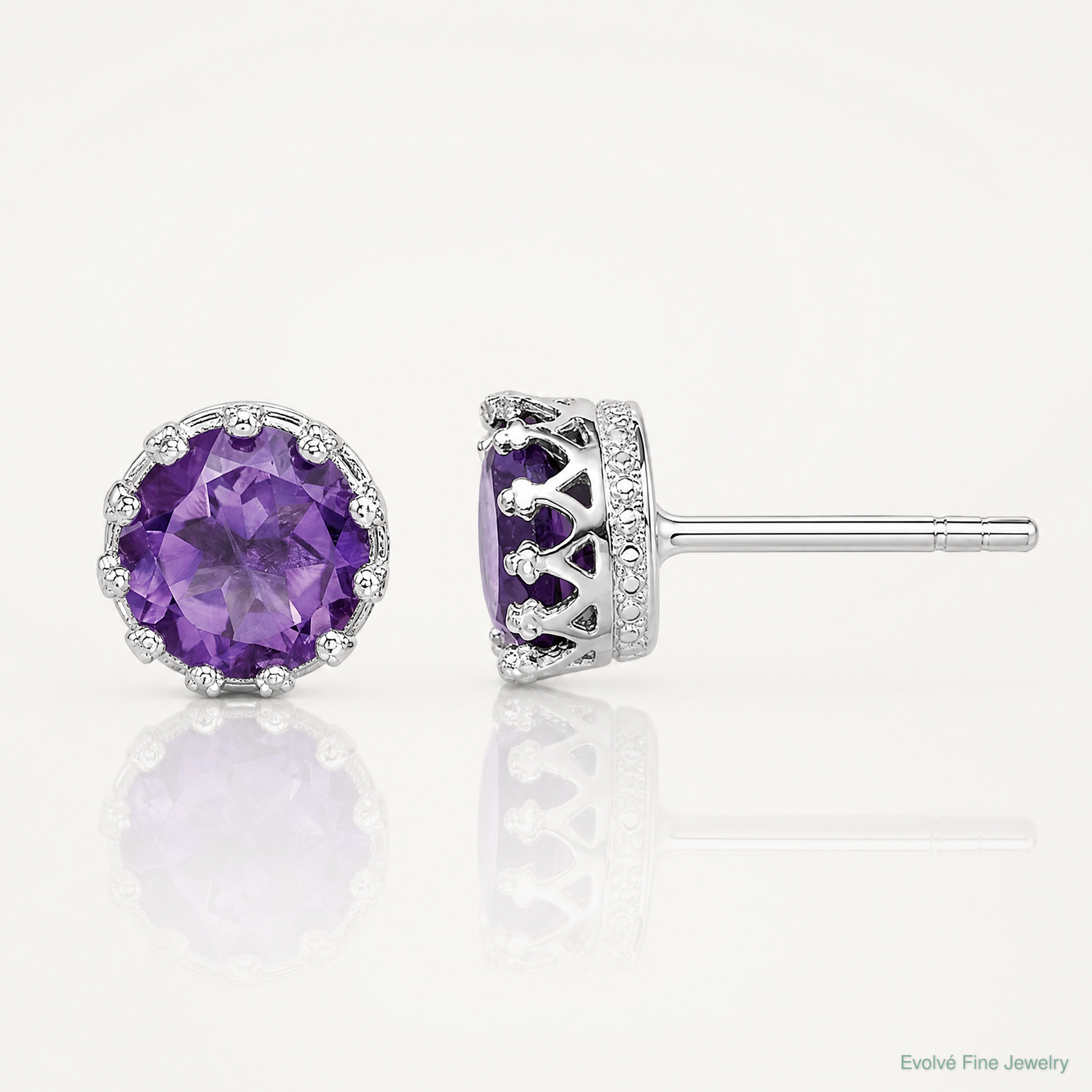 Sterling Silver Rhodium-plated 6mm Polished Amethyst Post Earrings - Lifestyle View