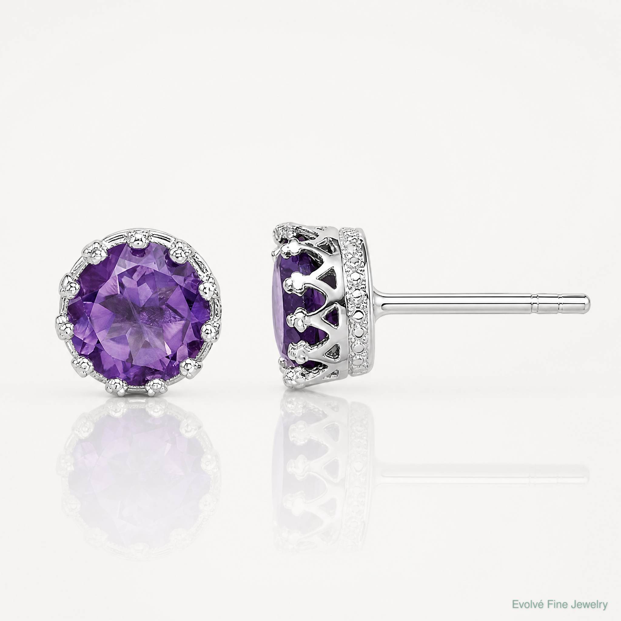 Sterling Silver Rhodium-plated 6mm Polished Amethyst Post Earrings - Lifestyle View