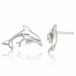 Sterling Silver Rhodium-plated Polished Dolphin and Baby Post Earrings - Lifestyle View
