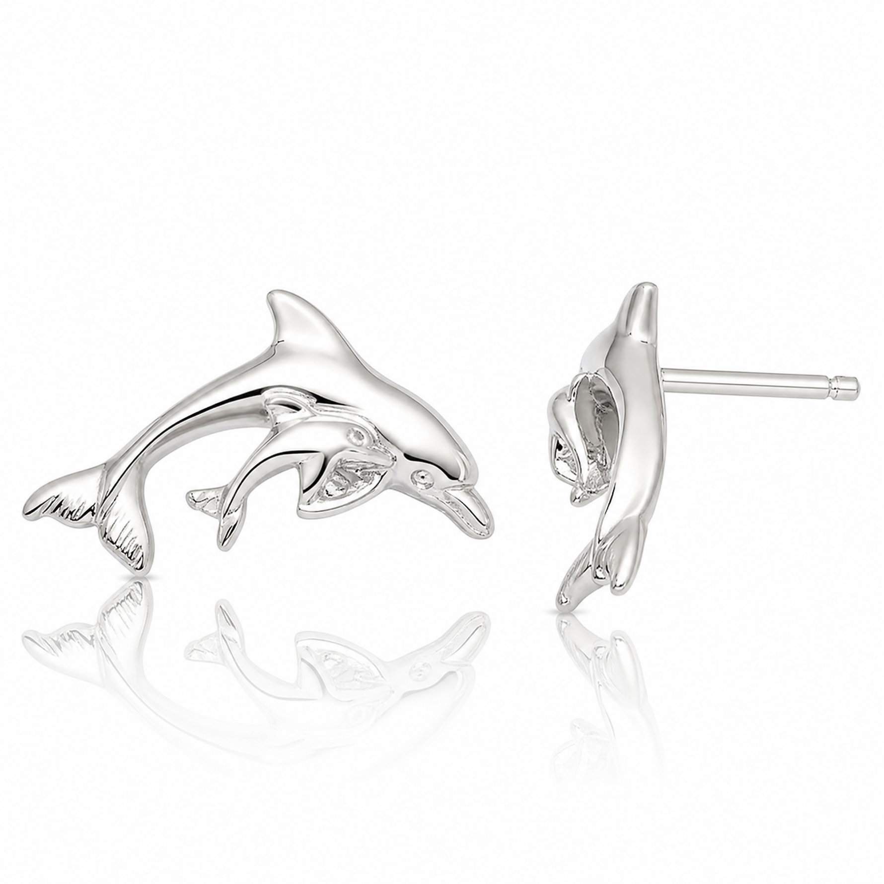 Sterling Silver Rhodium-plated Polished Dolphin and Baby Post Earrings - Lifestyle View