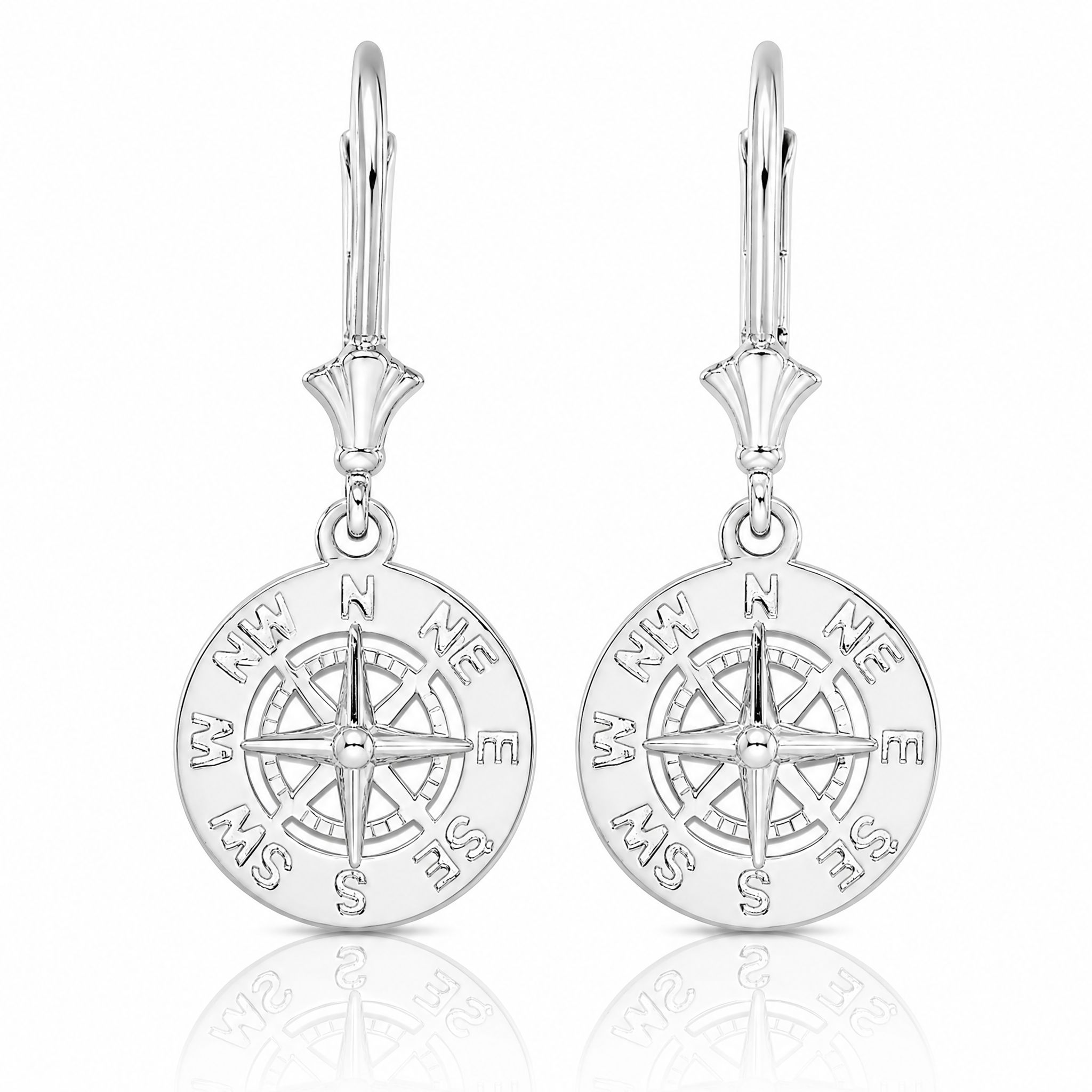 Sterling Silver Rhodium-plated Polished Mini Compass Leverback Earrings - Lifestyle View