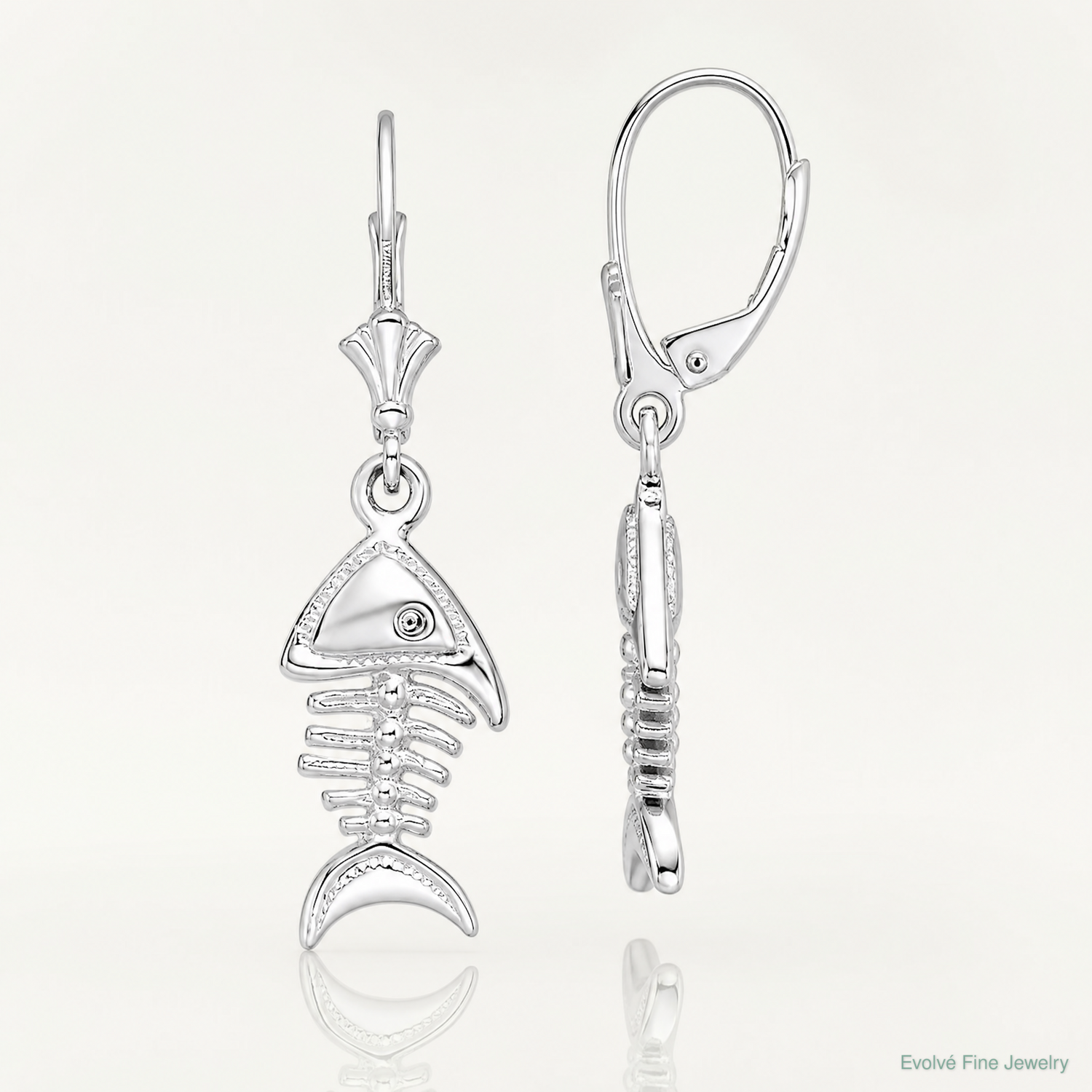 Sterling Silver Rhodium-plated Polished 3D Fishbone Leverback Earrings - Lifestyle View