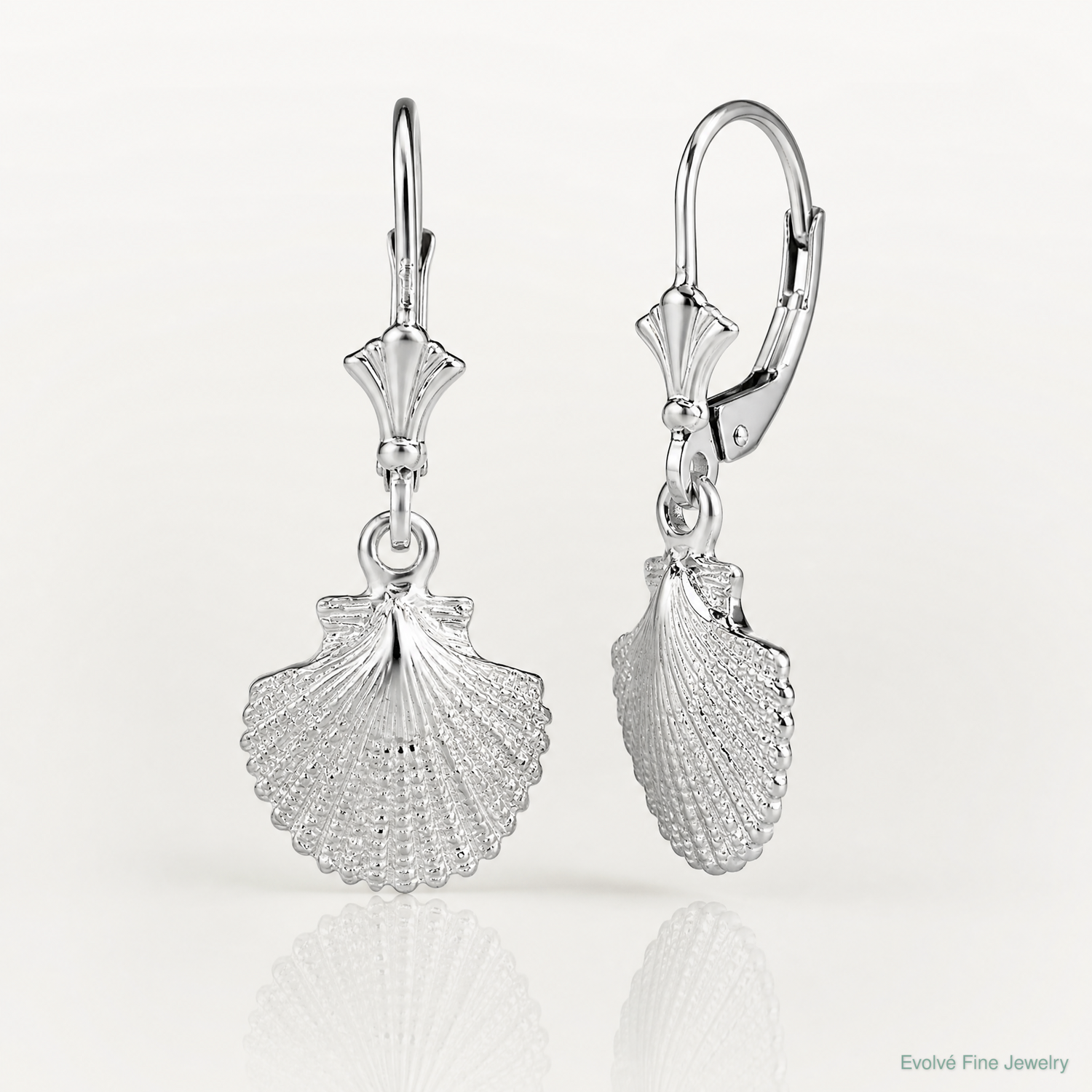 Sterling Silver Rhodium-plated Polished Scallop Shell Leverback Earrings - Lifestyle View