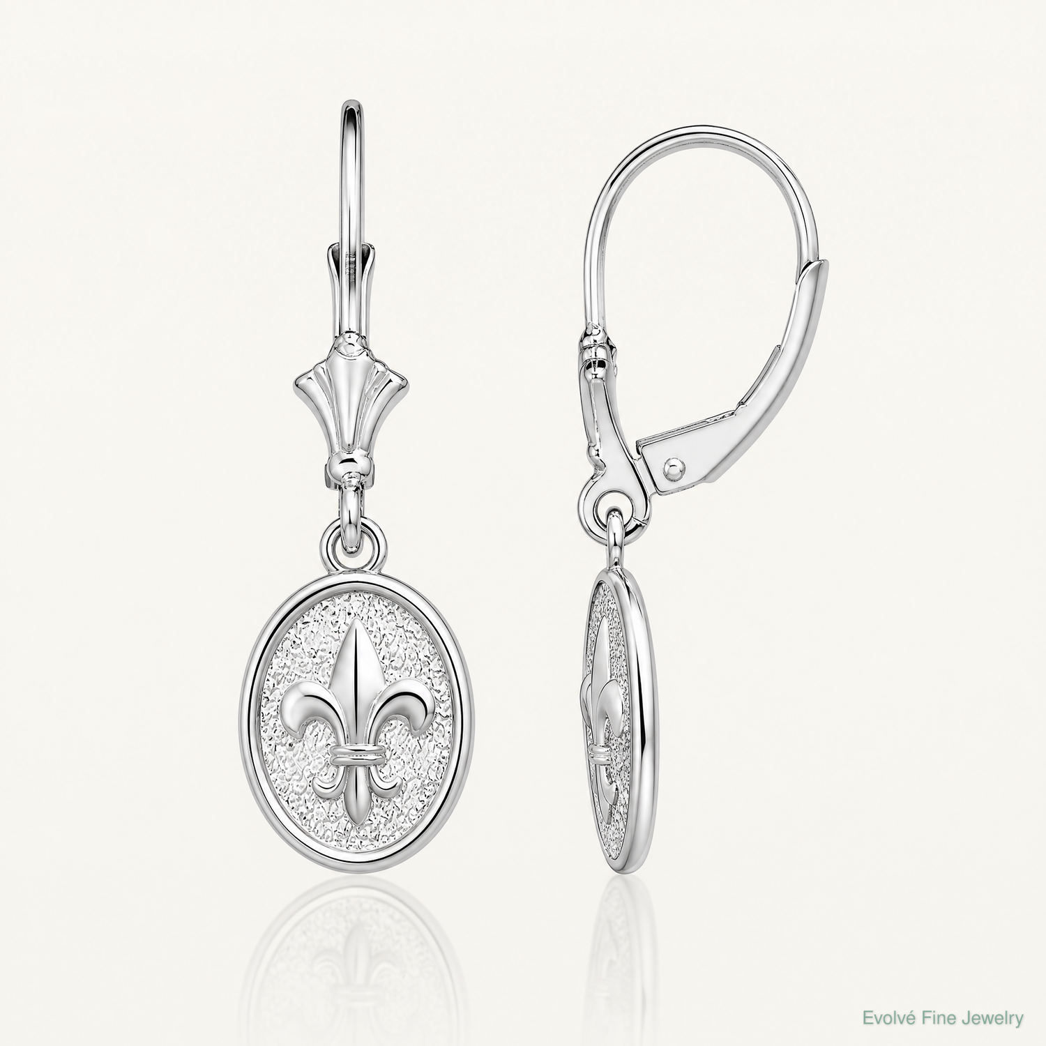Sterling Silver RH-plated Textured Fleur de Lis Leverback Dangle Earrings - Lifestyle View
