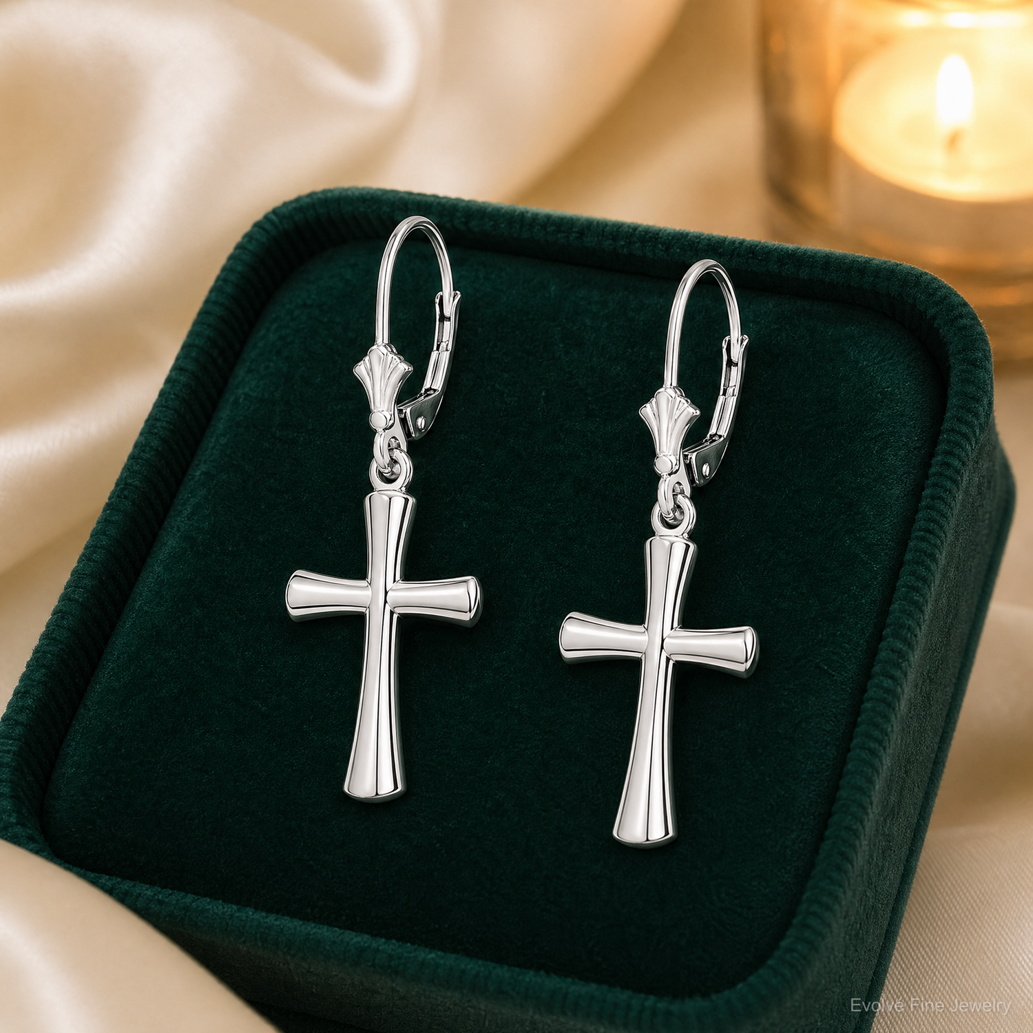Sterling Silver Rhod-plated Polished Beveled Latin Cross Leverback Earrings - Lifestyle View