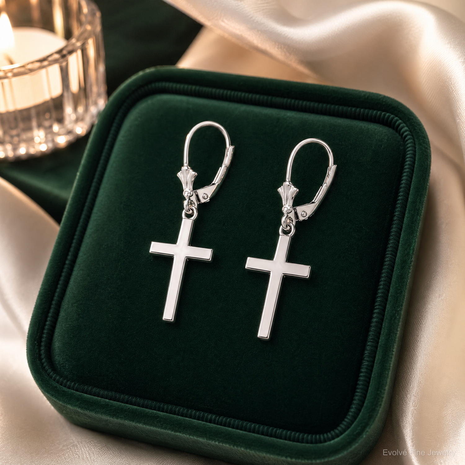 Sterling Silver Rhodium-plated Polished Latin Cross Leverback Earrings - Lifestyle View