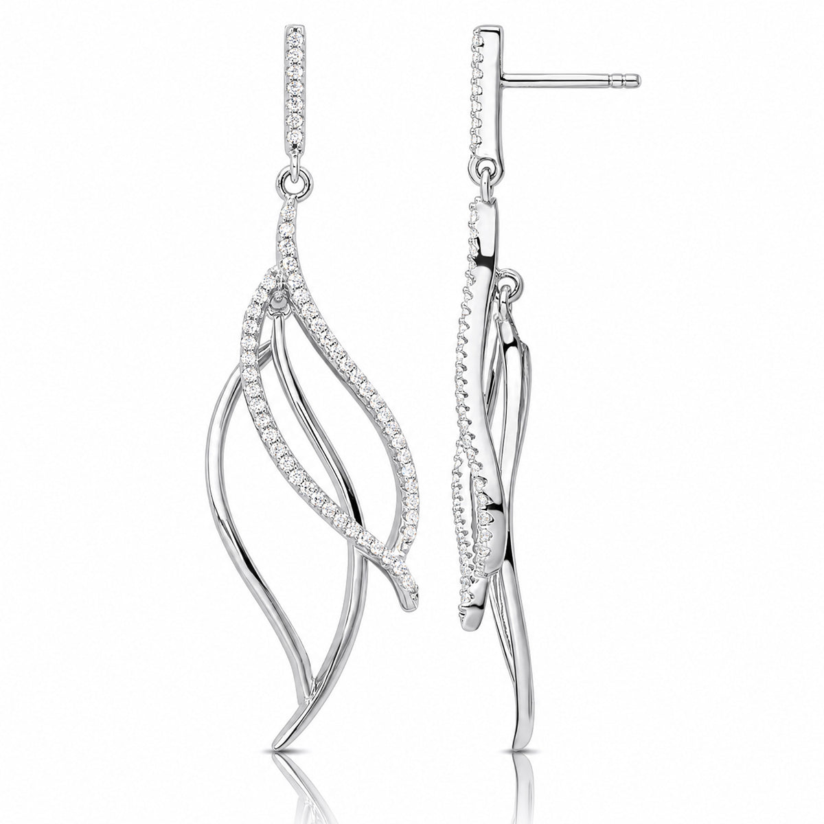 Sterling Silver Rhodium-plated CZ Dangle Leaf Earrings - Lifestyle View