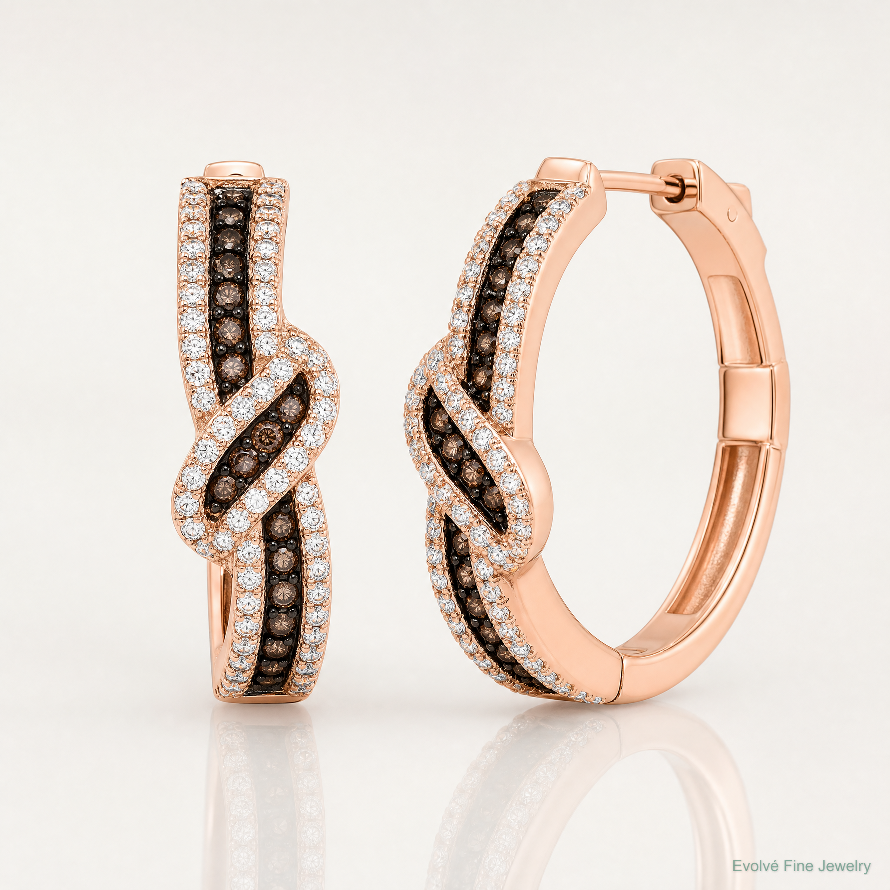 Sterling Silver Rose-tone Blk Rhodium-plate CZ Fancy Hinged Hoop Earrings - Lifestyle View