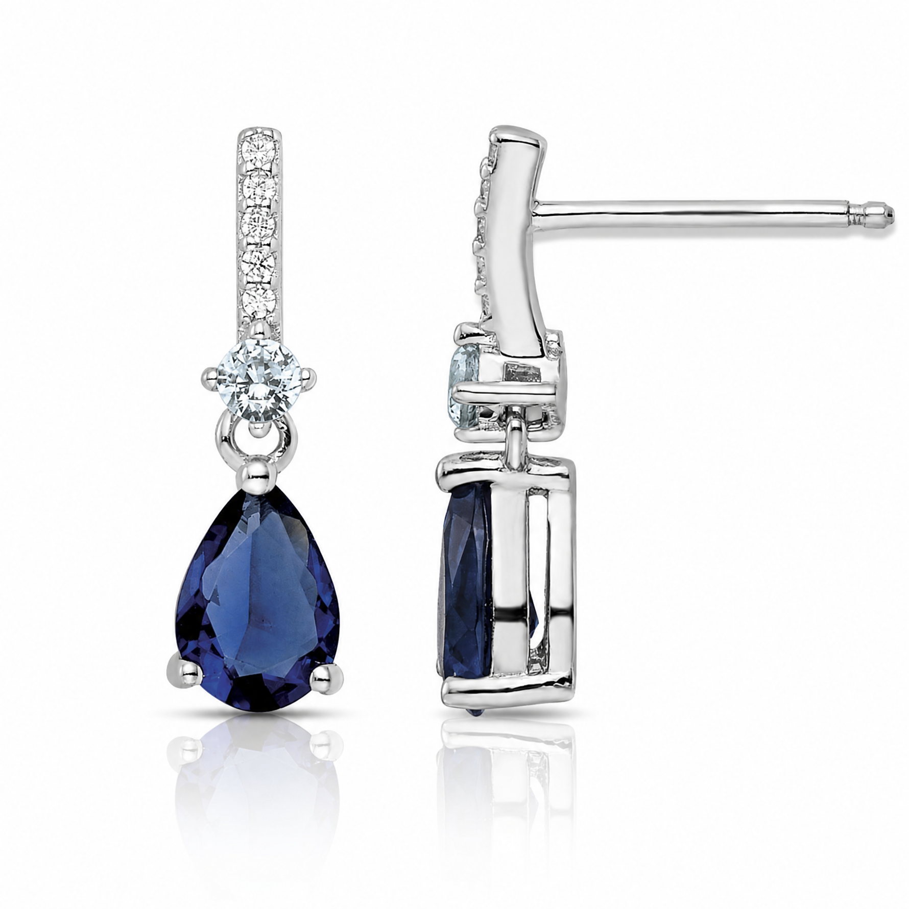 Sterling Silver Rhodium-plated CZ and Blue Glass Post Dangle Earrings - Lifestyle View