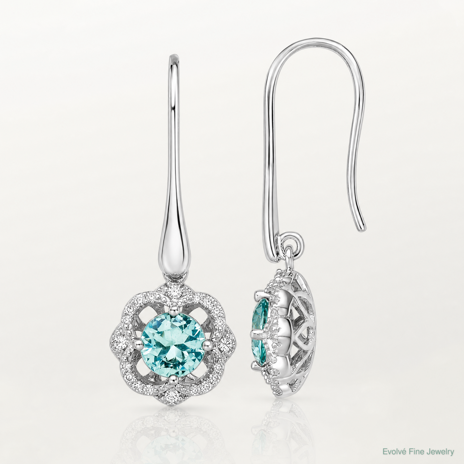 Sterling Silver Rhodium plated Aqua & White CZ Dangle Earrings - Lifestyle View