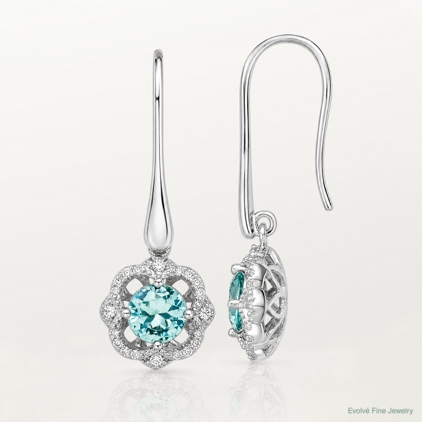 Sterling Silver Rhodium plated Aqua & White CZ Dangle Earrings - Lifestyle View