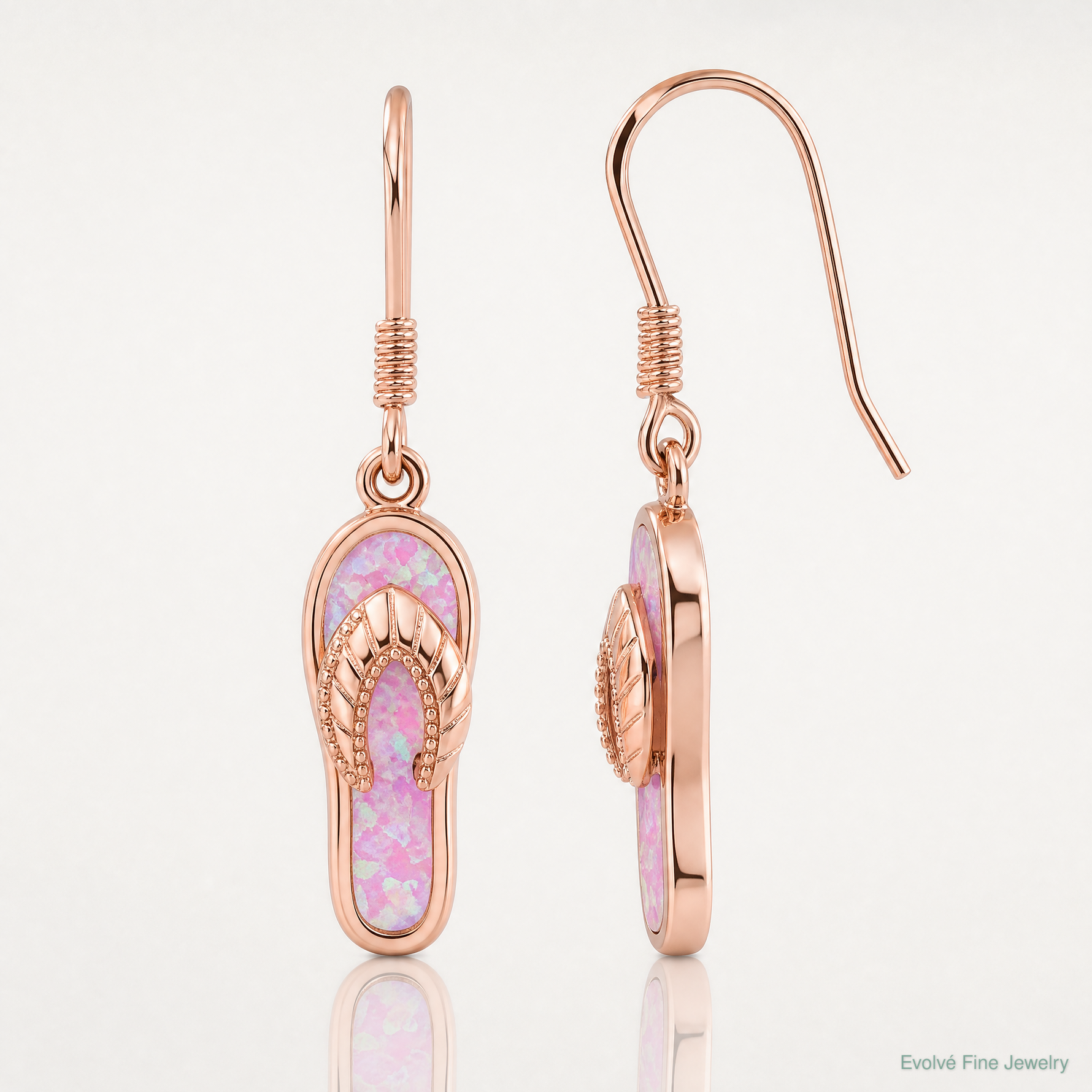 Sterling Silver Rose-tone Pink Created Opal Inlay Flip Flop Dangle Earrings - Lifestyle View
