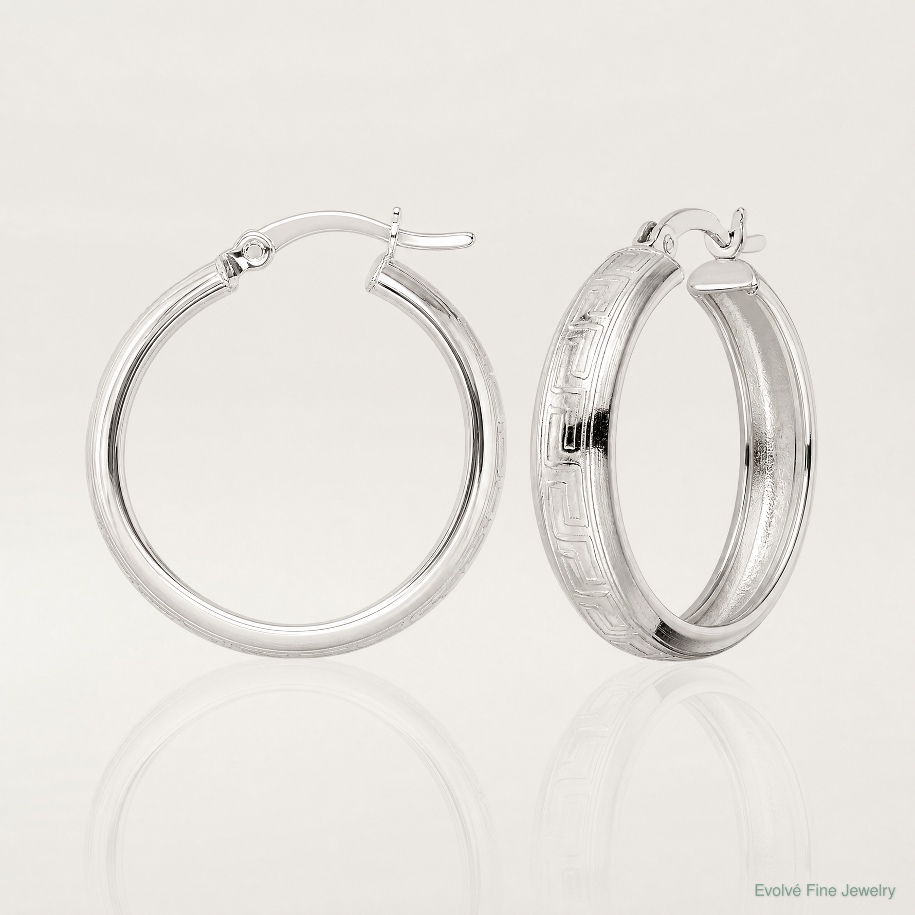 Sterling Silver Polished Greek Key Circle Hoop Earrings - Lifestyle View