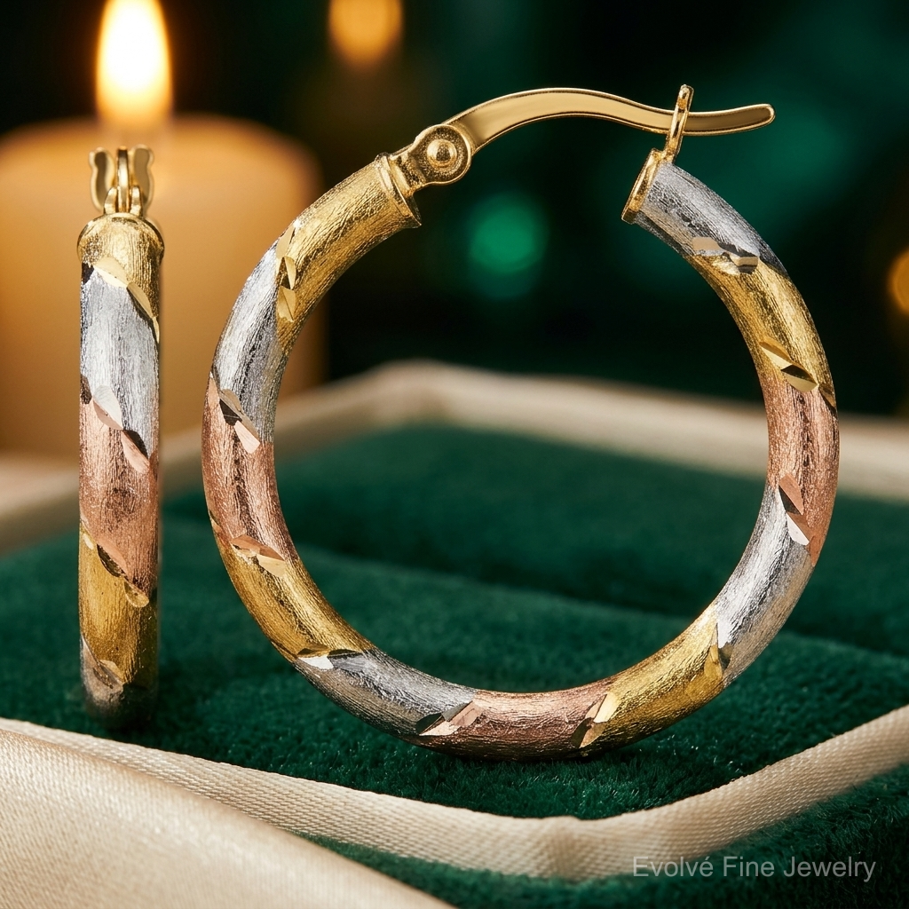 Sterling Silver Gold and Rose-tone Diamond-cut Circle Hoop Earrings - Lifestyle View