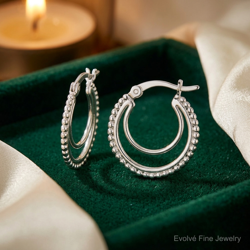 Sterling Silver Beaded Double Circle Hoop Earrings - Lifestyle View