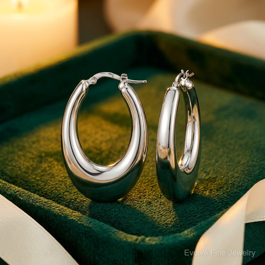Sterling Silve Rhodium-plated Polished Hollow Oval Hoop Earrings - Lifestyle View