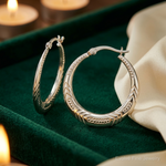 Sterling Silver Polished & Textured Knife Edge Round Hoop Earrings - Lifestyle View