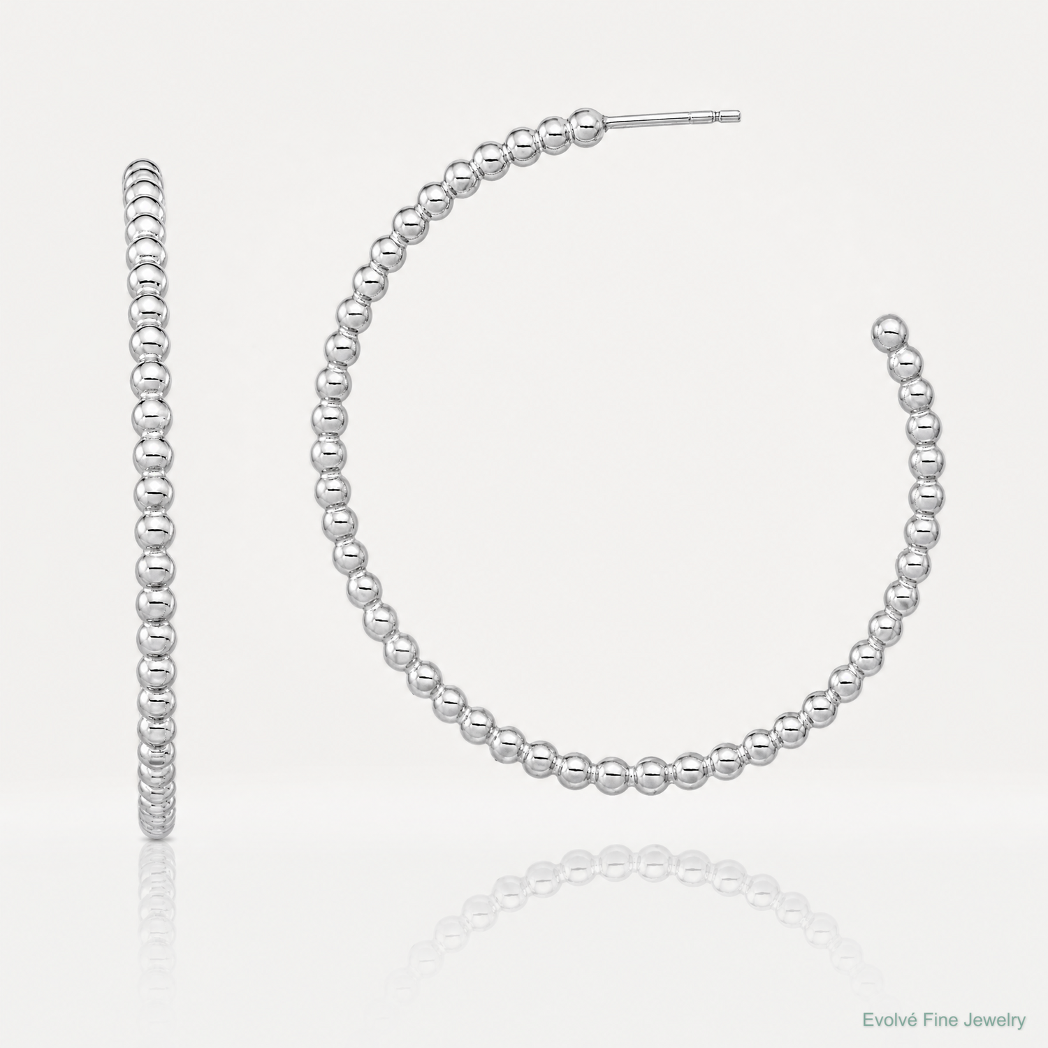 Sterling Silver Rhodium-plated Polished Beaded Hoop Post Earrings - Lifestyle View