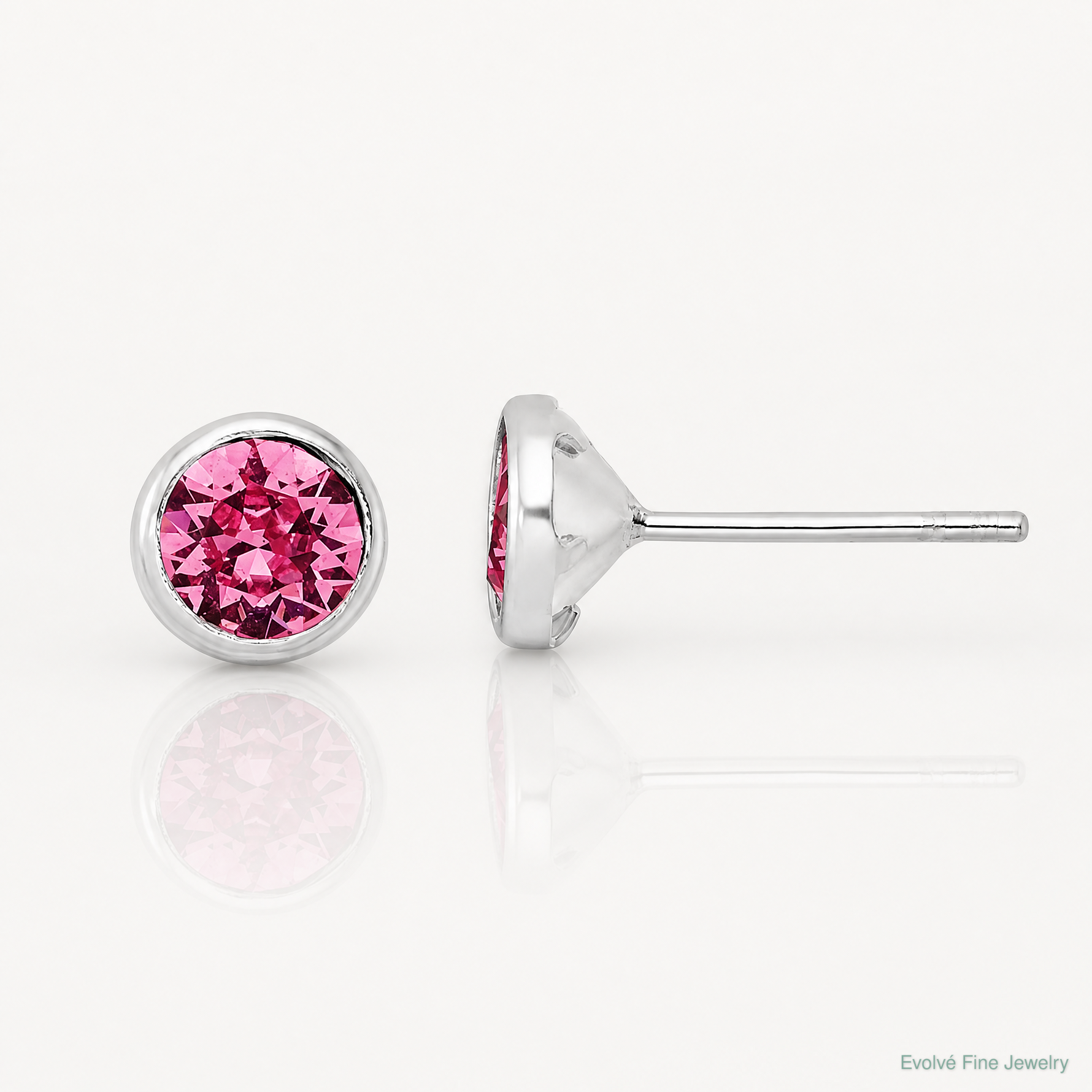 Sterling Silver Rhod-plated Polished 5mm Pink Crystal Bezel Stud Earrings - Lifestyle View