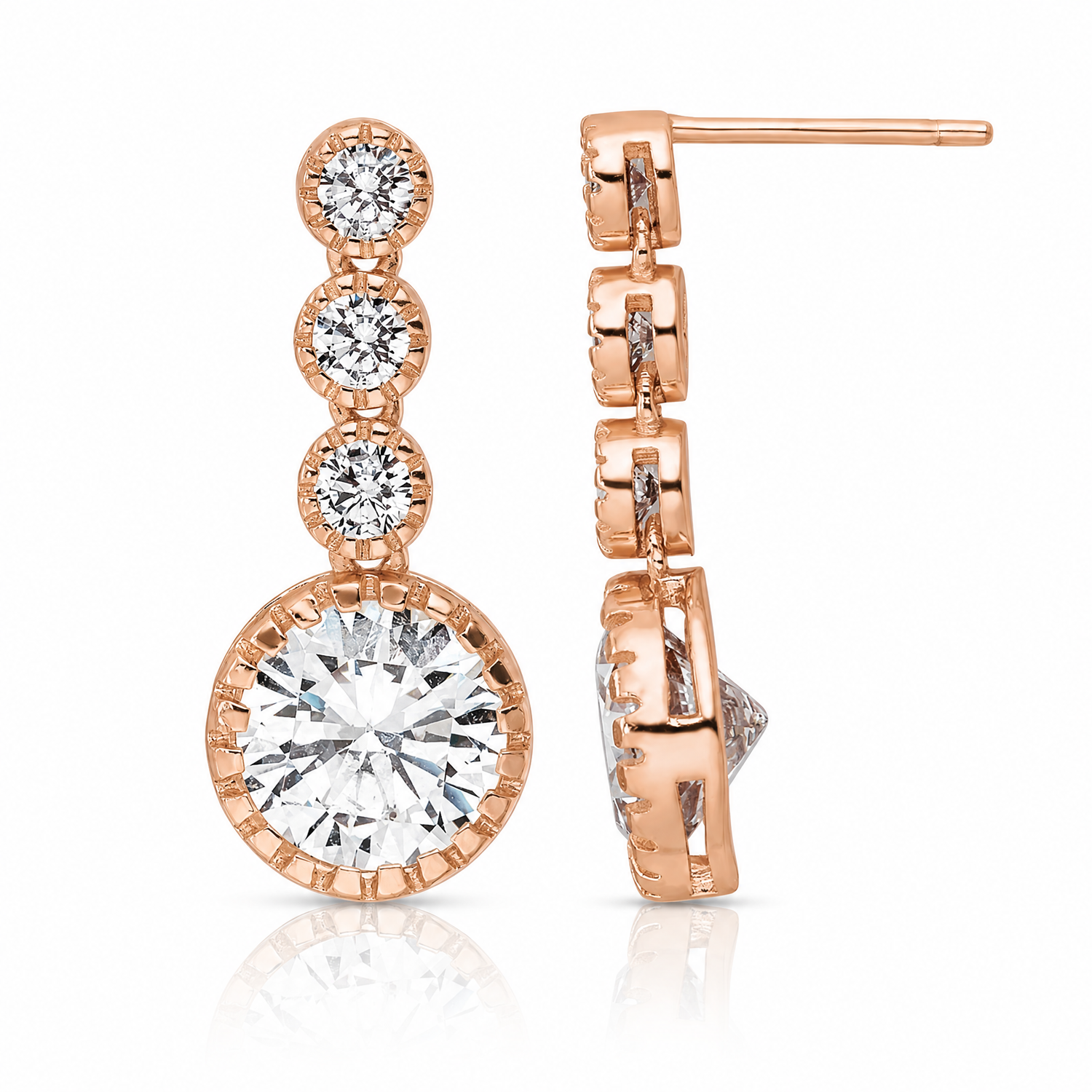 Sterling Silver Rose-tone Polished Round CZ Post Dangle Earrings - Lifestyle View