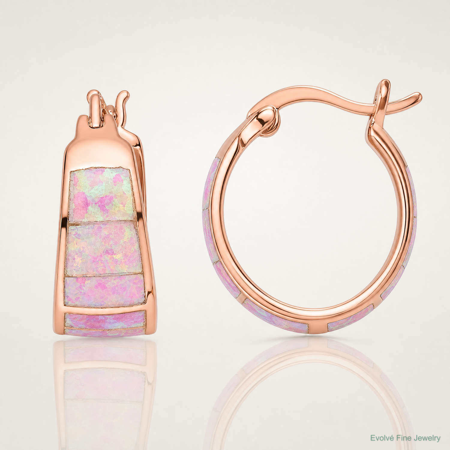 Sterling Silver Rose-tone Polished Pink Created Opal Inlay Hoop Earrings - Lifestyle View