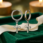 Sterling Silver RH-plated CZ White Enamel Cross Dangle Hoop Earrings - Lifestyle View