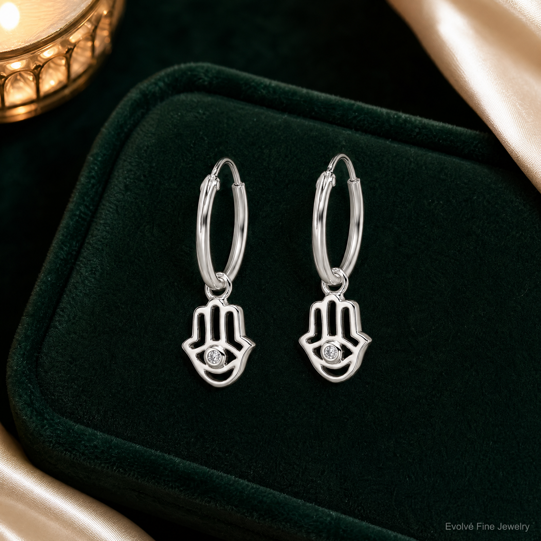 Sterling Silver Polished CZ Hamsa Dangle Endless Round Hoop Earrings - Lifestyle View