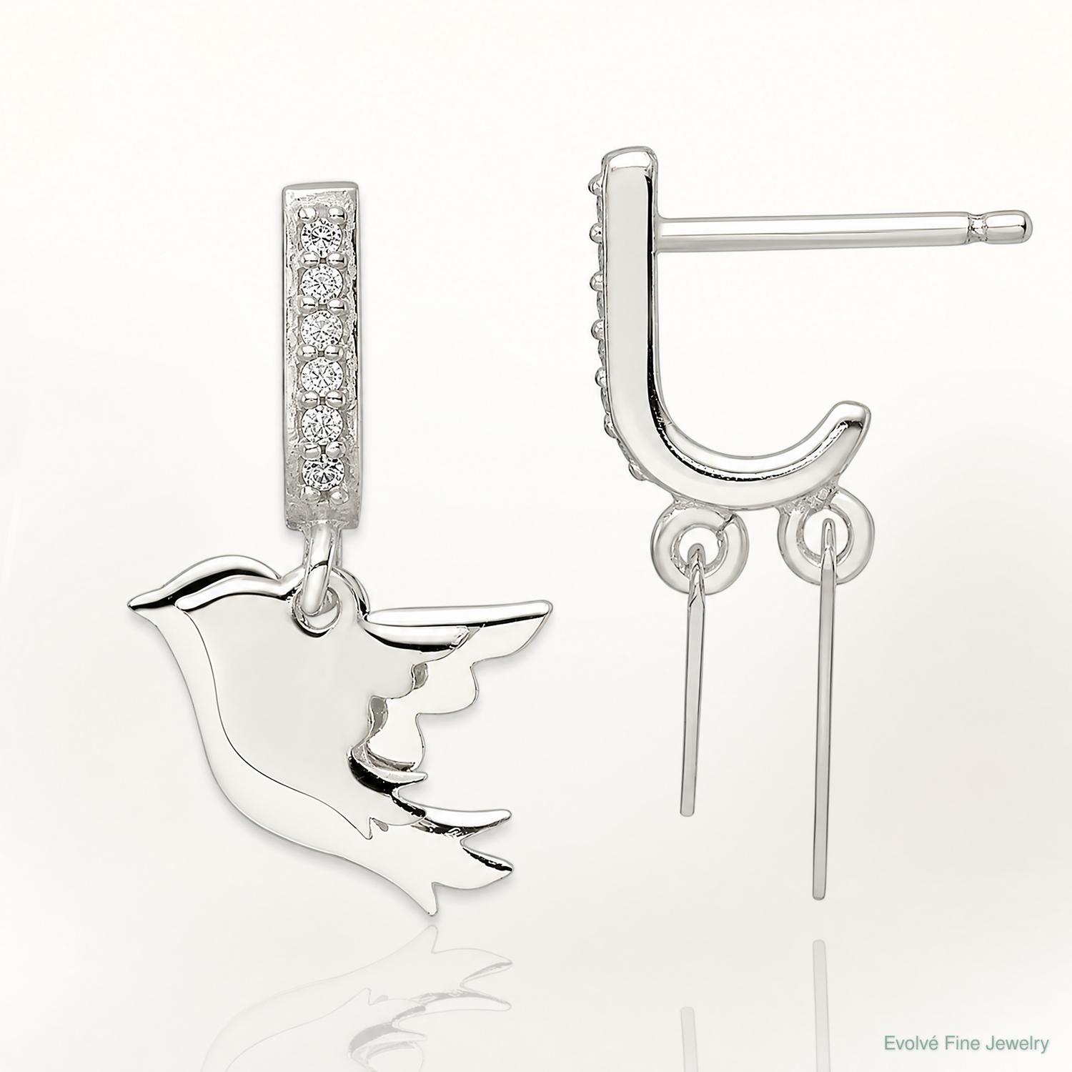 Sterling Silver Polished CZ Two Doves J-Hoop Post Earrings - Lifestyle View