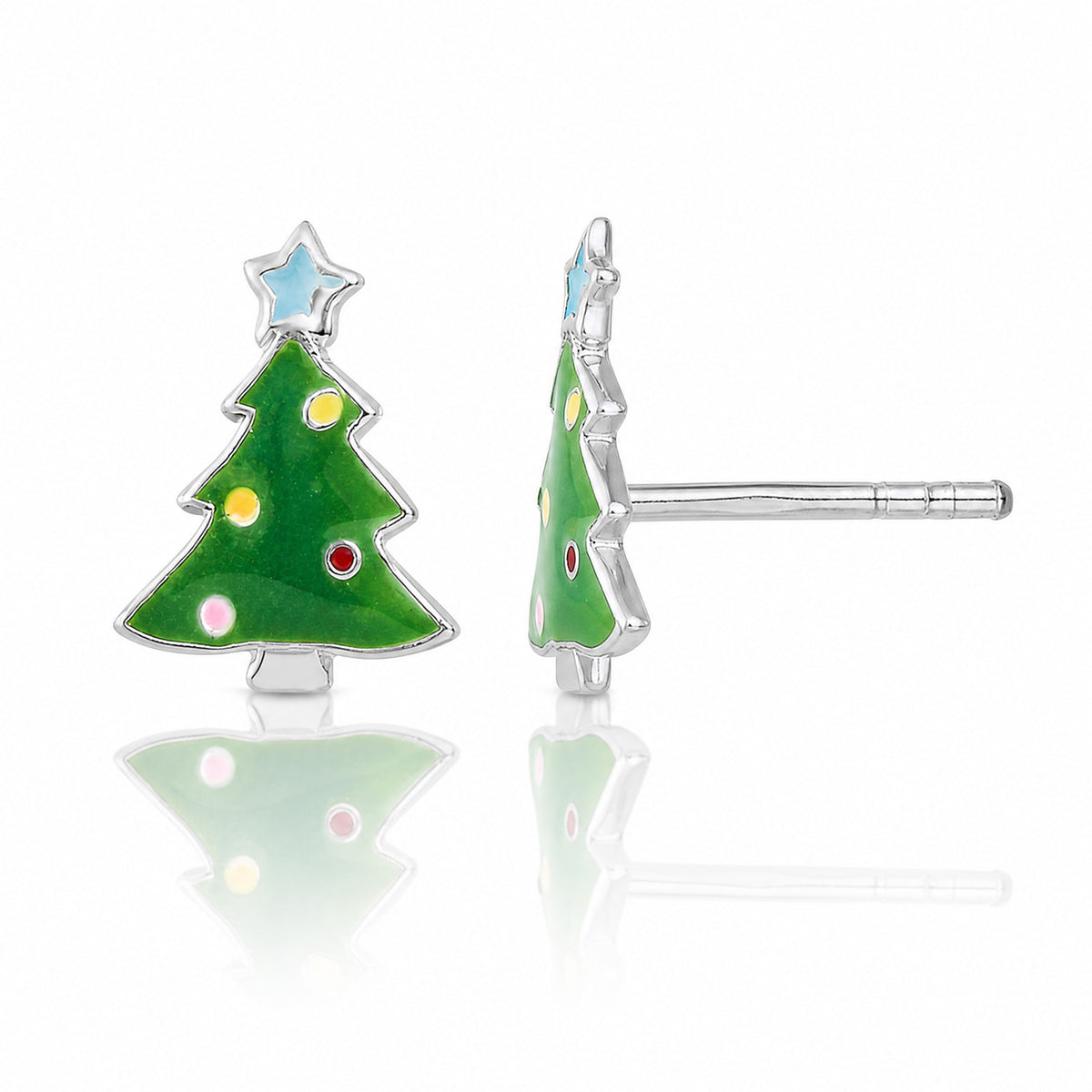 Sterling Silver Rhodium-plated Enamel Christmas Tree Post Earrings - Lifestyle View