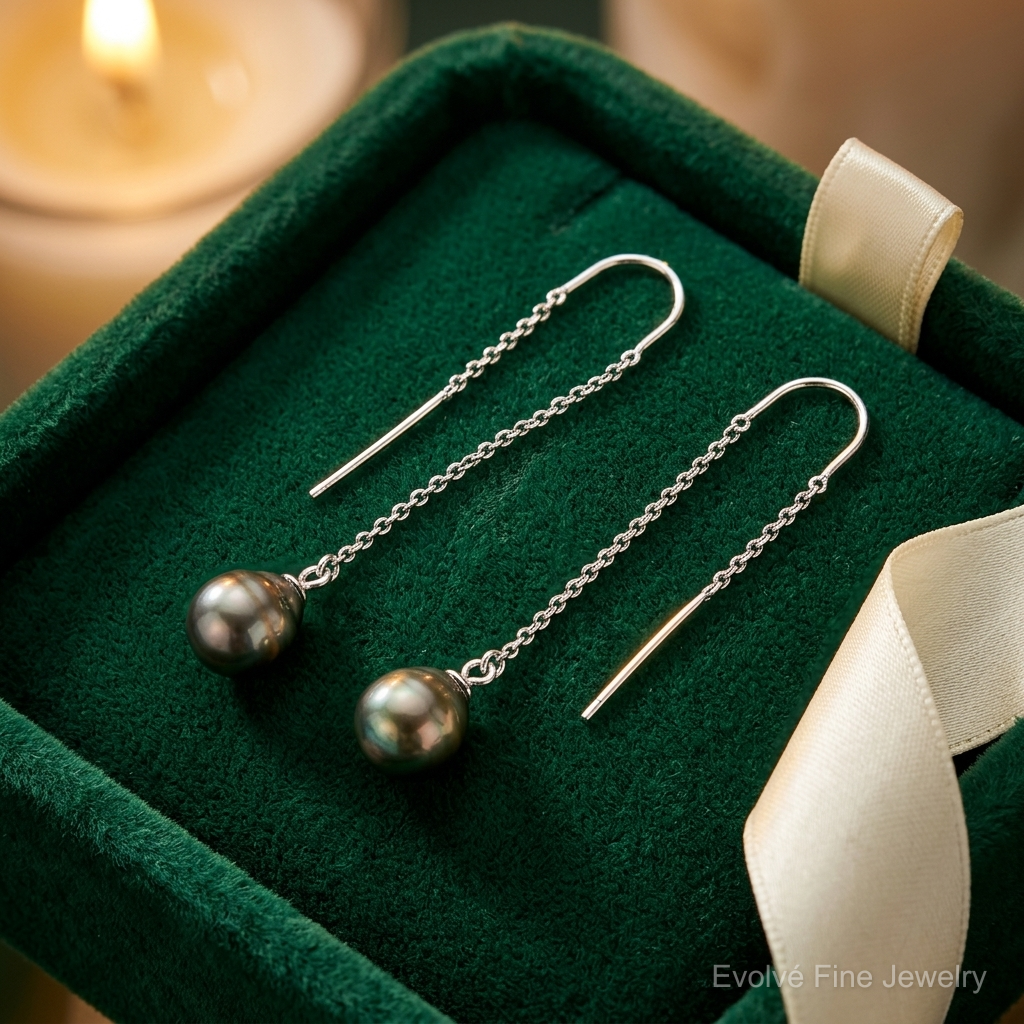 Sterling Silver Rhodium-plated Black Tahitian Pearl Threader Earrings - Lifestyle View