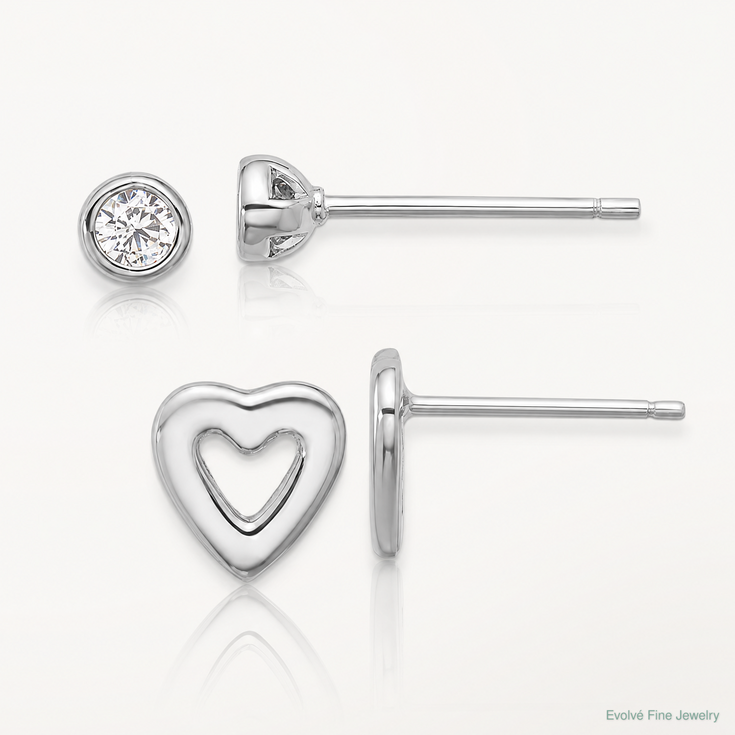Sterling Silver Rhodium-plated CZ and Heart Post Earrings Set - Lifestyle View