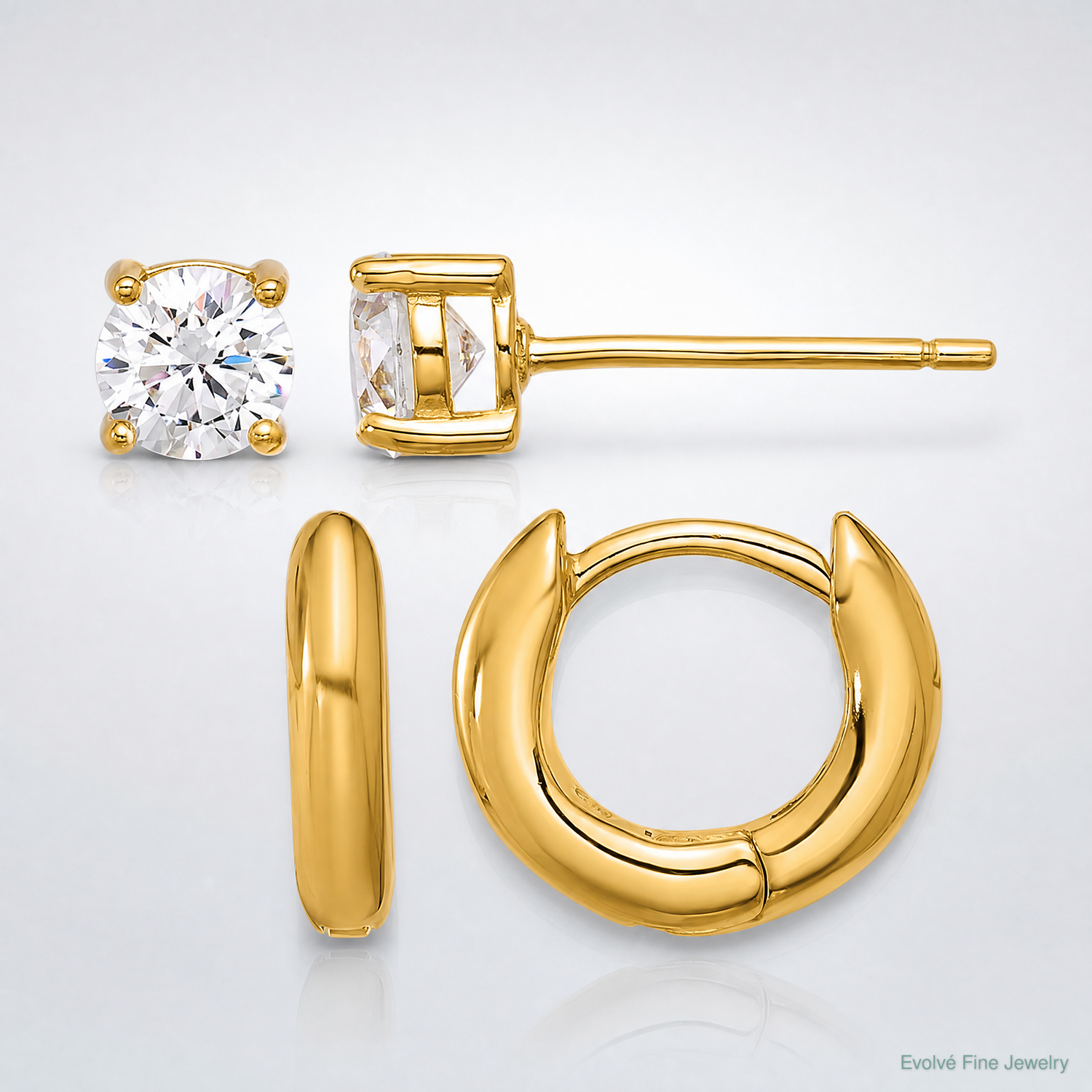 Sterling Silver Gold-tone 2.5mm Huggie Hoops/5mm CZ Stud Earrings Set - Lifestyle View